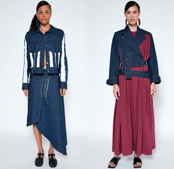 Mossi 2022 Spring Summer Womens Lookbook Presentation - Mode à Paris Fashion Week France - Patchwork Hybrid Deconstructed Denim Jeans Frayed Raw Hem Asymmetrical Draped Handkerchief Hem Skirt Cutout Straps Biker Moto Motorcycle Jacket Sleeveless Tabard Bandeau Crop Top Midriff Pom-Poms Embroidery Adorned Crosshatch Geometric Onesie Shirtdress Tie Up Waist Knot Shift Dress Sandals Sneakers