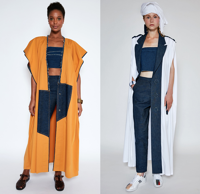 Mossi 2022 Spring Summer Womens Lookbook Presentation - Mode à Paris Fashion Week France - Patchwork Hybrid Deconstructed Denim Jeans Frayed Raw Hem Asymmetrical Draped Handkerchief Hem Skirt Cutout Straps Biker Moto Motorcycle Jacket Sleeveless Tabard Bandeau Crop Top Midriff Pom-Poms Embroidery Adorned Crosshatch Geometric Onesie Shirtdress Tie Up Waist Knot Shift Dress Sandals Sneakers