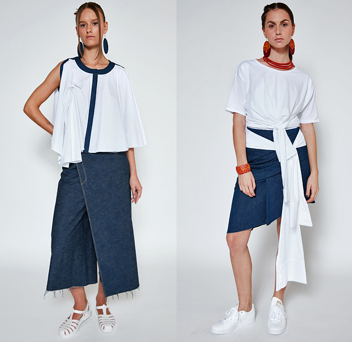 Mossi 2022 Spring Summer Womens Lookbook Presentation - Mode à Paris Fashion Week France - Patchwork Hybrid Deconstructed Denim Jeans Frayed Raw Hem Asymmetrical Draped Handkerchief Hem Skirt Cutout Straps Biker Moto Motorcycle Jacket Sleeveless Tabard Bandeau Crop Top Midriff Pom-Poms Embroidery Adorned Crosshatch Geometric Onesie Shirtdress Tie Up Waist Knot Shift Dress Sandals Sneakers