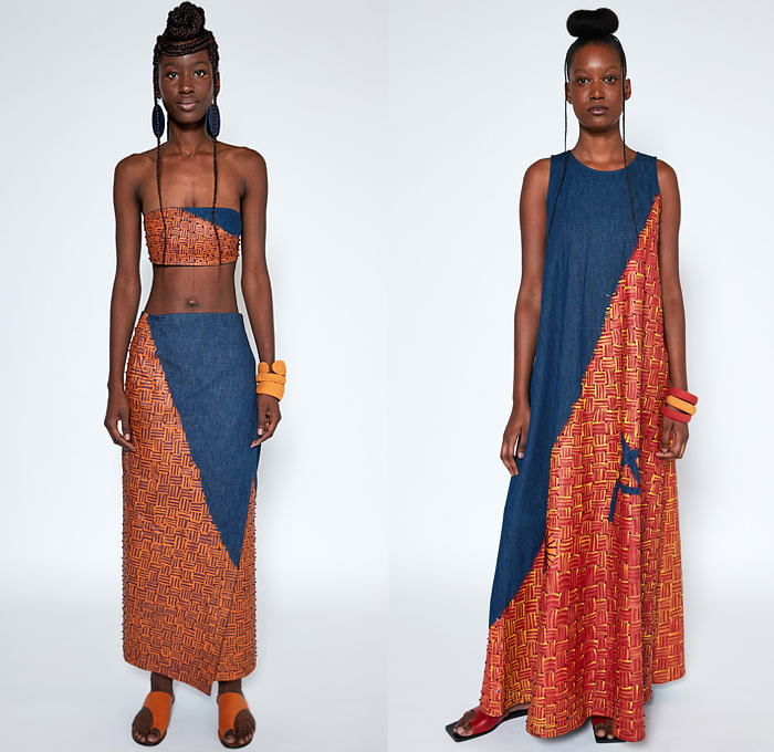 Mossi 2022 Spring Summer Womens Lookbook Presentation - Mode à Paris Fashion Week France - Patchwork Hybrid Deconstructed Denim Jeans Frayed Raw Hem Asymmetrical Draped Handkerchief Hem Skirt Cutout Straps Biker Moto Motorcycle Jacket Sleeveless Tabard Bandeau Crop Top Midriff Pom-Poms Embroidery Adorned Crosshatch Geometric Onesie Shirtdress Tie Up Waist Knot Shift Dress Sandals Sneakers