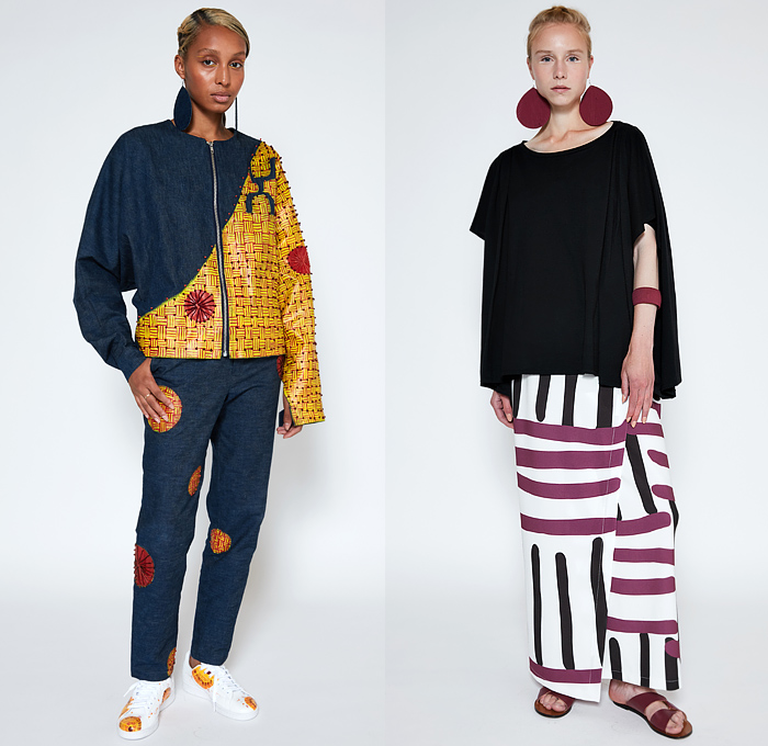 Mossi 2022 Spring Summer Womens Lookbook Presentation - Mode à Paris Fashion Week France - Patchwork Hybrid Deconstructed Denim Jeans Frayed Raw Hem Asymmetrical Draped Handkerchief Hem Skirt Cutout Straps Biker Moto Motorcycle Jacket Sleeveless Tabard Bandeau Crop Top Midriff Pom-Poms Embroidery Adorned Crosshatch Geometric Onesie Shirtdress Tie Up Waist Knot Shift Dress Sandals Sneakers