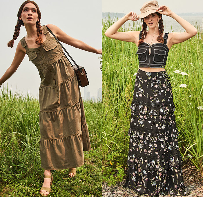 Nicole Miller 2022 Resort Cruise Pre-Spring Womens Lookbook Presentation - Countryside Prairie Damsel Peasant Babydoll Pinafore Dress Ruffles Frills Tiered Onesie Romper Combishorts Cargo Utility Flap Pockets Robe Crop Top Midriff Flowers Floral Leaves Foliage Blouse Strapless Open Shoulders Camo Camouflage Shirtdress Blousedress Bikini Swimwear Leotard Anorak Jacketdress Drawstring Full Skirt Wide Leg Palazzo Pants Rope Sandals Safari Hat Boots