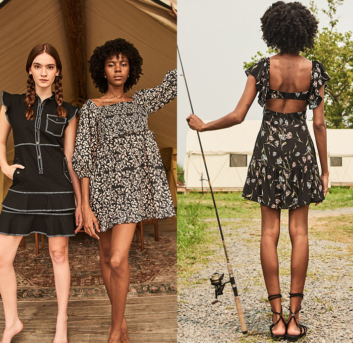 Nicole Miller 2022 Resort Cruise Pre-Spring Womens Lookbook Presentation - Countryside Prairie Damsel Peasant Babydoll Pinafore Dress Ruffles Frills Tiered Onesie Romper Combishorts Cargo Utility Flap Pockets Robe Crop Top Midriff Flowers Floral Leaves Foliage Blouse Strapless Open Shoulders Camo Camouflage Shirtdress Blousedress Bikini Swimwear Leotard Anorak Jacketdress Drawstring Full Skirt Wide Leg Palazzo Pants Rope Sandals Safari Hat Boots