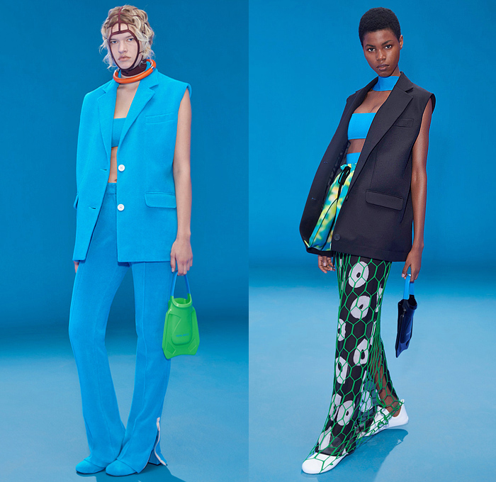 Nina Ricci 2022 Spring Summer Womens Lookbook Presentation - Mode à Paris Fashion Week France - Tomorrow's Mermaids - Fishnet Hoodie Swimsuit Crop Top Midriff Bandeau Sleeveless Vest Flowers Floral Dandelion Lilac Maxi Dress Blurry Stripes Deconstructed Coat Blazer Jacket Cardigan Cutout Gabardine Viscose Cross Wrap Sheer Knit Ribbed Miniskirt Drawstring Culottes Wide Leg Shorts Zipper Hem Crepon Degrade Pencil Skirt Asymmetrical Pantsuit Diving Fin Bag