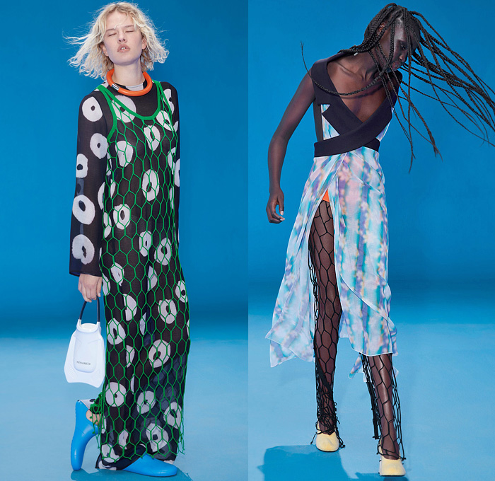 Nina Ricci 2022 Spring Summer Womens Lookbook Presentation - Mode à Paris Fashion Week France - Tomorrow's Mermaids - Fishnet Hoodie Swimsuit Crop Top Midriff Bandeau Sleeveless Vest Flowers Floral Dandelion Lilac Maxi Dress Blurry Stripes Deconstructed Coat Blazer Jacket Cardigan Cutout Gabardine Viscose Cross Wrap Sheer Knit Ribbed Miniskirt Drawstring Culottes Wide Leg Shorts Zipper Hem Crepon Degrade Pencil Skirt Asymmetrical Pantsuit Diving Fin Bag