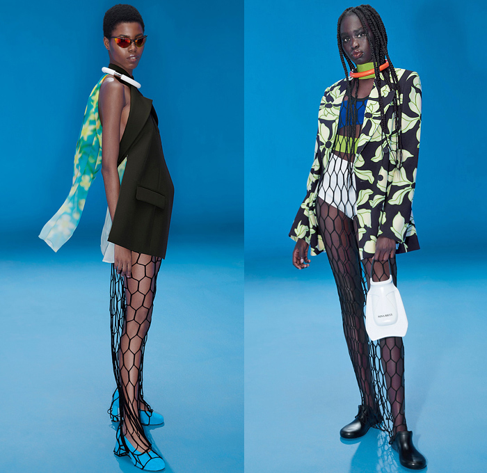 Nina Ricci 2022 Spring Summer Womens Lookbook Presentation - Mode à Paris Fashion Week France - Tomorrow's Mermaids - Fishnet Hoodie Swimsuit Crop Top Midriff Bandeau Sleeveless Vest Flowers Floral Dandelion Lilac Maxi Dress Blurry Stripes Deconstructed Coat Blazer Jacket Cardigan Cutout Gabardine Viscose Cross Wrap Sheer Knit Ribbed Miniskirt Drawstring Culottes Wide Leg Shorts Zipper Hem Crepon Degrade Pencil Skirt Asymmetrical Pantsuit Diving Fin Bag