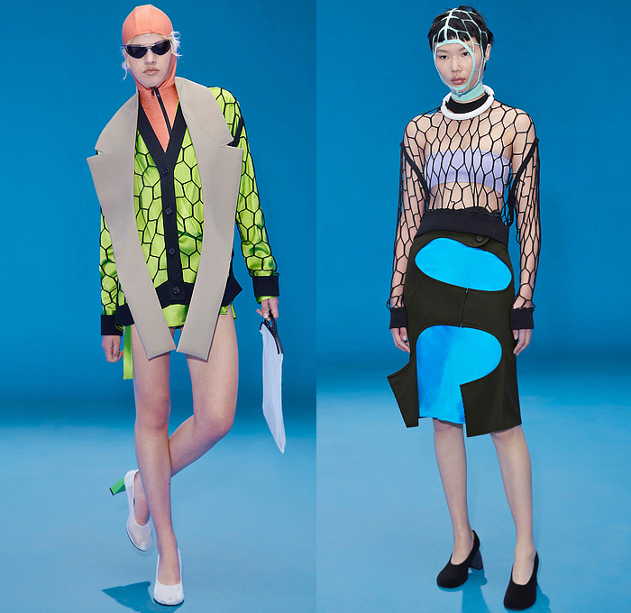 Nina Ricci 2022 Spring Summer Womens Lookbook Presentation - Mode à Paris Fashion Week France - Tomorrow's Mermaids - Fishnet Hoodie Swimsuit Crop Top Midriff Bandeau Sleeveless Vest Flowers Floral Dandelion Lilac Maxi Dress Blurry Stripes Deconstructed Coat Blazer Jacket Cardigan Cutout Gabardine Viscose Cross Wrap Sheer Knit Ribbed Miniskirt Drawstring Culottes Wide Leg Shorts Zipper Hem Crepon Degrade Pencil Skirt Asymmetrical Pantsuit Diving Fin Bag