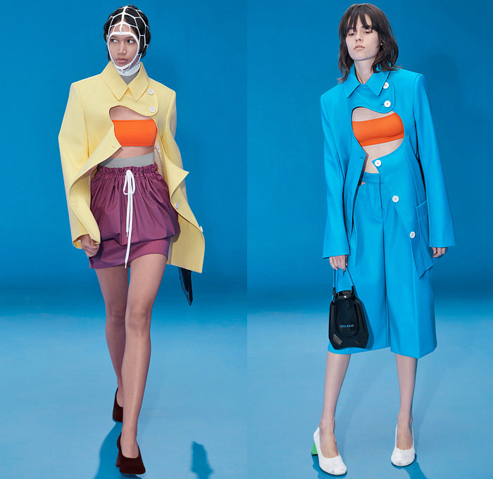 Nina Ricci 2022 Spring Summer Womens Lookbook Presentation - Mode à Paris Fashion Week France - Tomorrow's Mermaids - Fishnet Hoodie Swimsuit Crop Top Midriff Bandeau Sleeveless Vest Flowers Floral Dandelion Lilac Maxi Dress Blurry Stripes Deconstructed Coat Blazer Jacket Cardigan Cutout Gabardine Viscose Cross Wrap Sheer Knit Ribbed Miniskirt Drawstring Culottes Wide Leg Shorts Zipper Hem Crepon Degrade Pencil Skirt Asymmetrical Pantsuit Diving Fin Bag