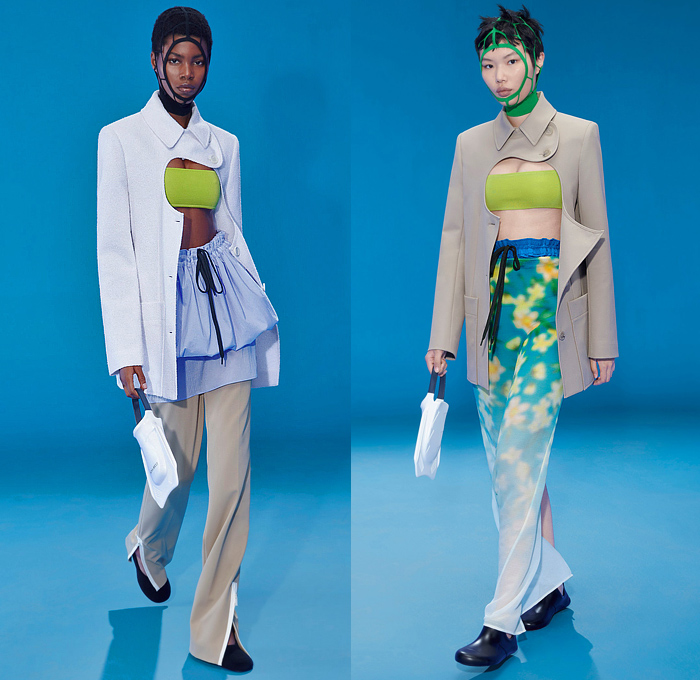 Nina Ricci 2022 Spring Summer Womens Lookbook Presentation - Mode à Paris Fashion Week France - Tomorrow's Mermaids - Fishnet Hoodie Swimsuit Crop Top Midriff Bandeau Sleeveless Vest Flowers Floral Dandelion Lilac Maxi Dress Blurry Stripes Deconstructed Coat Blazer Jacket Cardigan Cutout Gabardine Viscose Cross Wrap Sheer Knit Ribbed Miniskirt Drawstring Culottes Wide Leg Shorts Zipper Hem Crepon Degrade Pencil Skirt Asymmetrical Pantsuit Diving Fin Bag