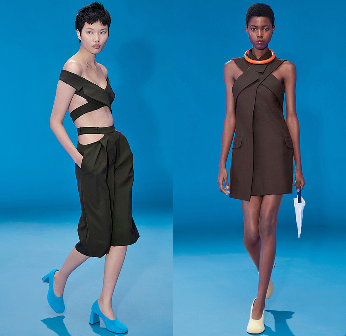 Nina Ricci 2022 Spring Summer Womens Lookbook Presentation - Mode à Paris Fashion Week France - Tomorrow's Mermaids - Fishnet Hoodie Swimsuit Crop Top Midriff Bandeau Sleeveless Vest Flowers Floral Dandelion Lilac Maxi Dress Blurry Stripes Deconstructed Coat Blazer Jacket Cardigan Cutout Gabardine Viscose Cross Wrap Sheer Knit Ribbed Miniskirt Drawstring Culottes Wide Leg Shorts Zipper Hem Crepon Degrade Pencil Skirt Asymmetrical Pantsuit Diving Fin Bag