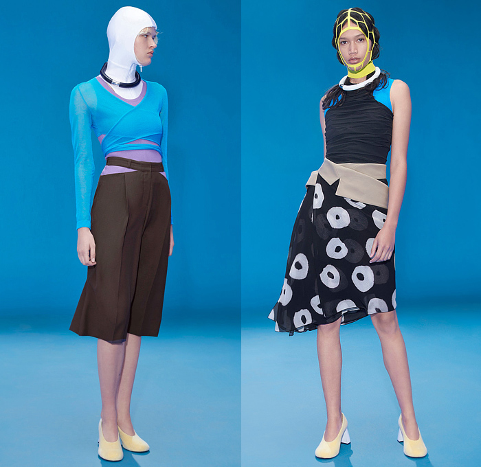 Nina Ricci 2022 Spring Summer Womens Lookbook Presentation - Mode à Paris Fashion Week France - Tomorrow's Mermaids - Fishnet Hoodie Swimsuit Crop Top Midriff Bandeau Sleeveless Vest Flowers Floral Dandelion Lilac Maxi Dress Blurry Stripes Deconstructed Coat Blazer Jacket Cardigan Cutout Gabardine Viscose Cross Wrap Sheer Knit Ribbed Miniskirt Drawstring Culottes Wide Leg Shorts Zipper Hem Crepon Degrade Pencil Skirt Asymmetrical Pantsuit Diving Fin Bag