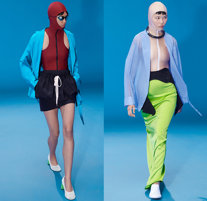 Nina Ricci 2022 Spring Summer Womens Lookbook Presentation - Mode à Paris Fashion Week France - Tomorrow's Mermaids - Fishnet Hoodie Swimsuit Crop Top Midriff Bandeau Sleeveless Vest Flowers Floral Dandelion Lilac Maxi Dress Blurry Stripes Deconstructed Coat Blazer Jacket Cardigan Cutout Gabardine Viscose Cross Wrap Sheer Knit Ribbed Miniskirt Drawstring Culottes Wide Leg Shorts Zipper Hem Crepon Degrade Pencil Skirt Asymmetrical Pantsuit Diving Fin Bag