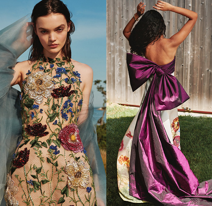 Oscar de la Renta 2022 Resort Cruise Pre-Spring Womens Lookbook Presentation - Escape Flowers Floral Plants Blossoms Superimposed Printed Panorama Landscape Silk Moiré Faille Draped Sheer Tulle Chiffon Poplin Strapless Babydoll Shift Dress Ball Gown Trompe L'oeil Bedazzled Metallic Sequins Beads Gemstones Crystals Mesh Corset Knit Turtleneck Sweater Embossed Blazer Jacket Shirtdress Ruffles Shorts Ombré Gradient Bow Tied Ribbon Twist Wrapped Silk Satin Straw Hat