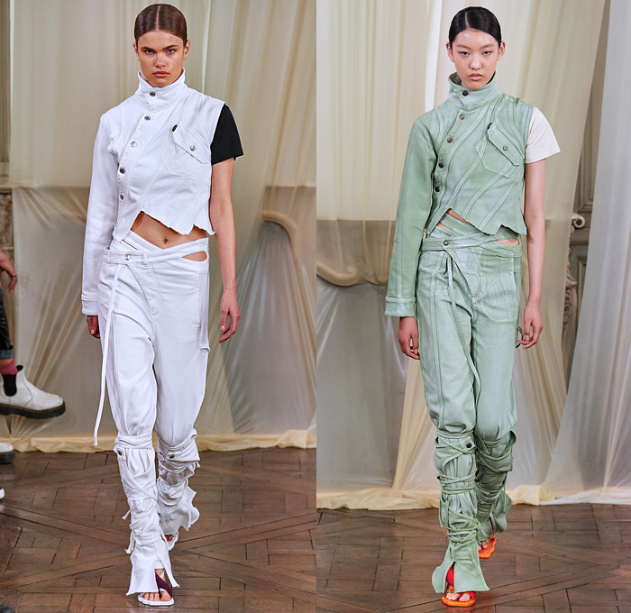 Ottolinger 2022 Spring Summer Womens Runway Catwalk Looks Collection - Mode à Paris Fashion Week France - Deconstructed Denim Jeans Destroyed Straps Strings Drawstring Tied Cutout Anorak Windbreaker Jacket Hotpants Plaid Check Patchwork Metallic Blazer Coat Loops Wires Vest Swimwear Bikini Athleisure Asymmetrical One Shoulder Knit Sweater Tank Top Sunglasses Crop Top Midriff Grains Braid Dress Leotard Basket Handbag Gladiator Sandals