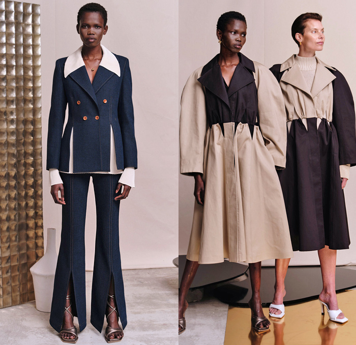 Palmer/Harding 2022 Spring Summer Womens Lookbook Presentation - London Fashion Week Collections UK - Pantsuit Blazer Jacket Denim Jeans Slit Hem Bell Bottom Flare Trench Coat Patchwork Rope String Drawstring Stripes Poufy Shoulders Puff Sleeves Draped Cutout Halterneck Halter Top Banded Collar Gold Metallic Loungewear Sleepwear Wide Leg Palazzo Pants Blouse Long Sleeve Cinch Draped Maxi Dress Noodle Strap Ruffles Onesie Shirtdress Miniskirt Knit Sweater Sweaterdress Pussy Bow Heels