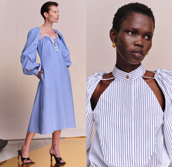 Palmer/Harding 2022 Spring Summer Womens Lookbook Presentation - London Fashion Week Collections UK - Pantsuit Blazer Jacket Denim Jeans Slit Hem Bell Bottom Flare Trench Coat Patchwork Rope String Drawstring Stripes Poufy Shoulders Puff Sleeves Draped Cutout Halterneck Halter Top Banded Collar Gold Metallic Loungewear Sleepwear Wide Leg Palazzo Pants Blouse Long Sleeve Cinch Draped Maxi Dress Noodle Strap Ruffles Onesie Shirtdress Miniskirt Knit Sweater Sweaterdress Pussy Bow Heels