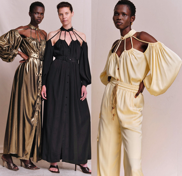 Palmer/Harding 2022 Spring Summer Womens Lookbook Presentation - London Fashion Week Collections UK - Pantsuit Blazer Jacket Denim Jeans Slit Hem Bell Bottom Flare Trench Coat Patchwork Rope String Drawstring Stripes Poufy Shoulders Puff Sleeves Draped Cutout Halterneck Halter Top Banded Collar Gold Metallic Loungewear Sleepwear Wide Leg Palazzo Pants Blouse Long Sleeve Cinch Draped Maxi Dress Noodle Strap Ruffles Onesie Shirtdress Miniskirt Knit Sweater Sweaterdress Pussy Bow Heels