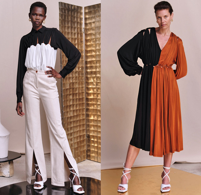 Palmer/Harding 2022 Spring Summer Womens Lookbook Presentation - London Fashion Week Collections UK - Pantsuit Blazer Jacket Denim Jeans Slit Hem Bell Bottom Flare Trench Coat Patchwork Rope String Drawstring Stripes Poufy Shoulders Puff Sleeves Draped Cutout Halterneck Halter Top Banded Collar Gold Metallic Loungewear Sleepwear Wide Leg Palazzo Pants Blouse Long Sleeve Cinch Draped Maxi Dress Noodle Strap Ruffles Onesie Shirtdress Miniskirt Knit Sweater Sweaterdress Pussy Bow Heels