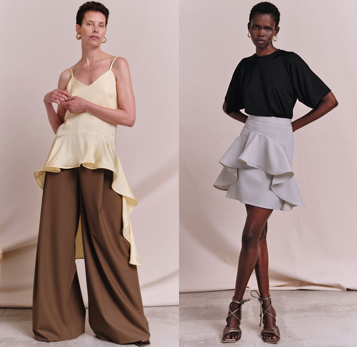 Palmer/Harding 2022 Spring Summer Womens Lookbook Presentation - London Fashion Week Collections UK - Pantsuit Blazer Jacket Denim Jeans Slit Hem Bell Bottom Flare Trench Coat Patchwork Rope String Drawstring Stripes Poufy Shoulders Puff Sleeves Draped Cutout Halterneck Halter Top Banded Collar Gold Metallic Loungewear Sleepwear Wide Leg Palazzo Pants Blouse Long Sleeve Cinch Draped Maxi Dress Noodle Strap Ruffles Onesie Shirtdress Miniskirt Knit Sweater Sweaterdress Pussy Bow Heels