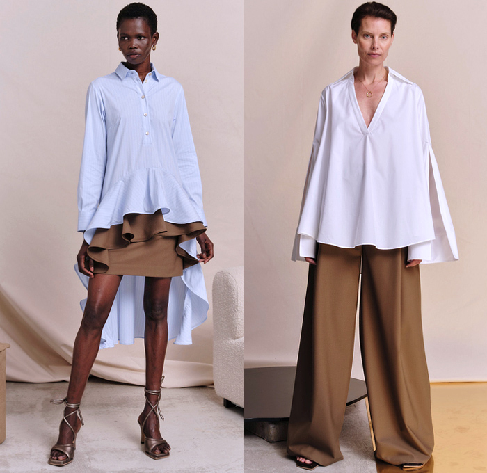 Palmer/Harding 2022 Spring Summer Womens Lookbook Presentation - London Fashion Week Collections UK - Pantsuit Blazer Jacket Denim Jeans Slit Hem Bell Bottom Flare Trench Coat Patchwork Rope String Drawstring Stripes Poufy Shoulders Puff Sleeves Draped Cutout Halterneck Halter Top Banded Collar Gold Metallic Loungewear Sleepwear Wide Leg Palazzo Pants Blouse Long Sleeve Cinch Draped Maxi Dress Noodle Strap Ruffles Onesie Shirtdress Miniskirt Knit Sweater Sweaterdress Pussy Bow Heels