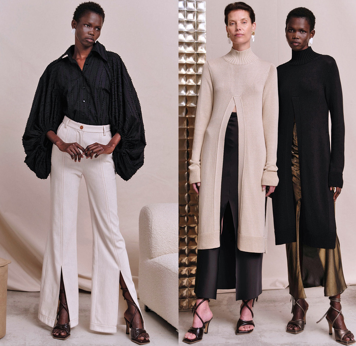 Palmer/Harding 2022 Spring Summer Womens Lookbook Presentation - London Fashion Week Collections UK - Pantsuit Blazer Jacket Denim Jeans Slit Hem Bell Bottom Flare Trench Coat Patchwork Rope String Drawstring Stripes Poufy Shoulders Puff Sleeves Draped Cutout Halterneck Halter Top Banded Collar Gold Metallic Loungewear Sleepwear Wide Leg Palazzo Pants Blouse Long Sleeve Cinch Draped Maxi Dress Noodle Strap Ruffles Onesie Shirtdress Miniskirt Knit Sweater Sweaterdress Pussy Bow Heels