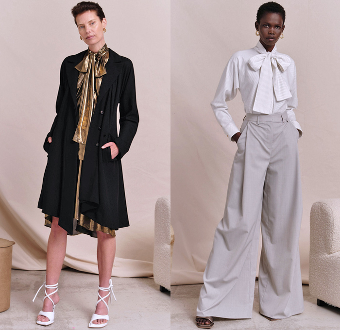 Palmer/Harding 2022 Spring Summer Womens Lookbook Presentation - London Fashion Week Collections UK - Pantsuit Blazer Jacket Denim Jeans Slit Hem Bell Bottom Flare Trench Coat Patchwork Rope String Drawstring Stripes Poufy Shoulders Puff Sleeves Draped Cutout Halterneck Halter Top Banded Collar Gold Metallic Loungewear Sleepwear Wide Leg Palazzo Pants Blouse Long Sleeve Cinch Draped Maxi Dress Noodle Strap Ruffles Onesie Shirtdress Miniskirt Knit Sweater Sweaterdress Pussy Bow Heels