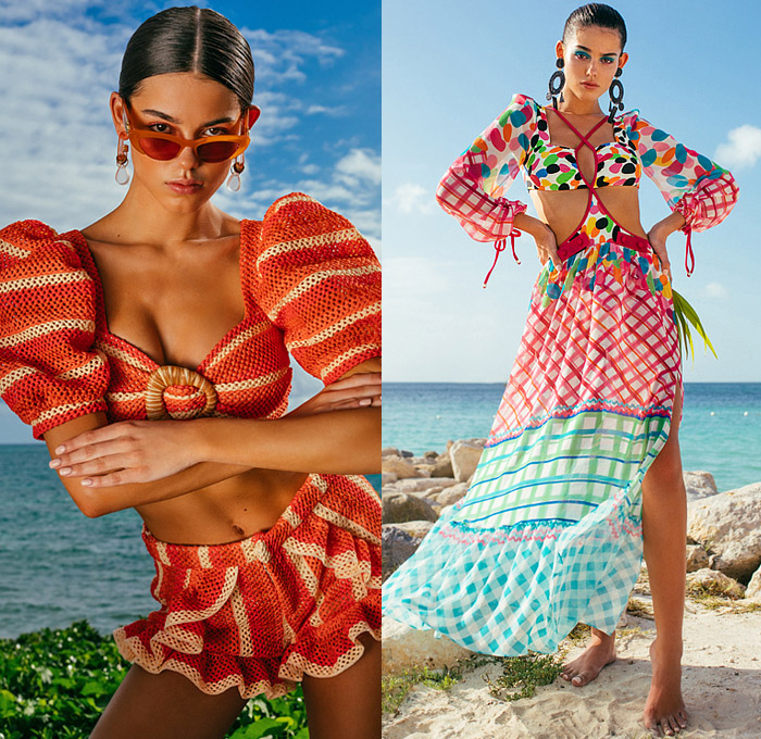 PatBo 2022 Resort Cruise Pre-Spring Womens Lookbook Presentation - Patricia Bonaldi - Knit Crochet Mesh Poufy Shoulders Puff Sleeves Leg O'Mutton Crop Top Midriff Stripes Shorts Ruffles Maxi Dress Spots Jelly Beans Grid Lattice Check Drawstring Cinch Twist Leaves Foliage Fauna Cutout Waist One Shoulder Swimwear Beachwear Bikini Swimsuit Sheer Chiffon Patchwork Ring Loop Embroidery Sunglasses