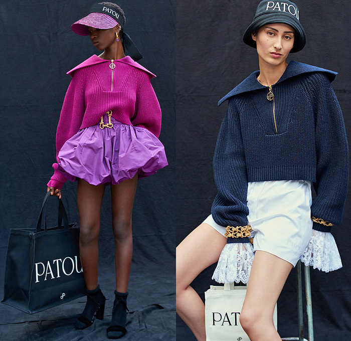 Patou 2022 Spring Summer Womens Lookbook Presentation - Mode à Paris Fashion Week France - Daydream Cavalier Bucket Hat Visor Puritan Collar Knit Sweater Peplum Miniskirt Bell Hem Lace Embroidery Tank Top Logo Jacket Architecture Print Wide Leg Palazzo Pants Accordion Pleats Parka Hoodie Ruffles Symbolist Paintings Art Poufy Shoulders Puff Sleeves Pussy Bow Ribbon Blouse Strapless Open Shoulders Dress Tote Handbag Socks Heels