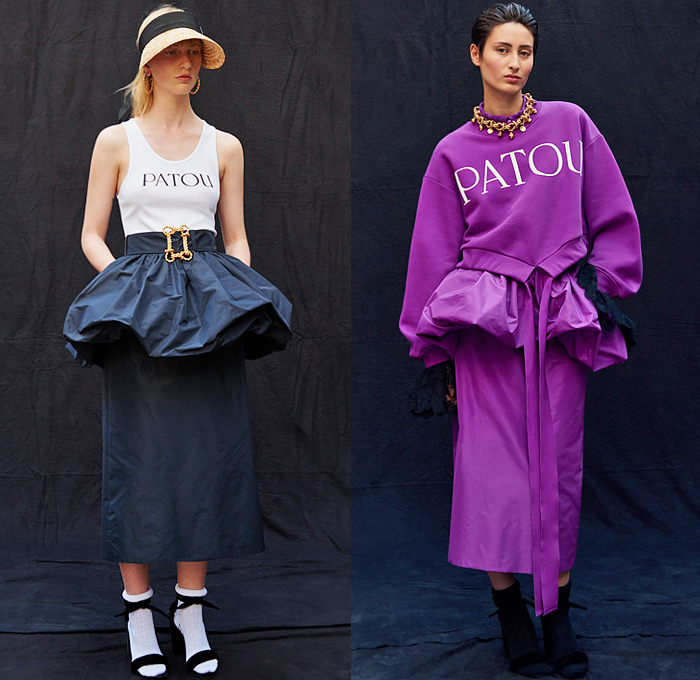 Patou 2022 Spring Summer Womens Lookbook Presentation - Mode à Paris Fashion Week France - Daydream Cavalier Bucket Hat Visor Puritan Collar Knit Sweater Peplum Miniskirt Bell Hem Lace Embroidery Tank Top Logo Jacket Architecture Print Wide Leg Palazzo Pants Accordion Pleats Parka Hoodie Ruffles Symbolist Paintings Art Poufy Shoulders Puff Sleeves Pussy Bow Ribbon Blouse Strapless Open Shoulders Dress Tote Handbag Socks Heels