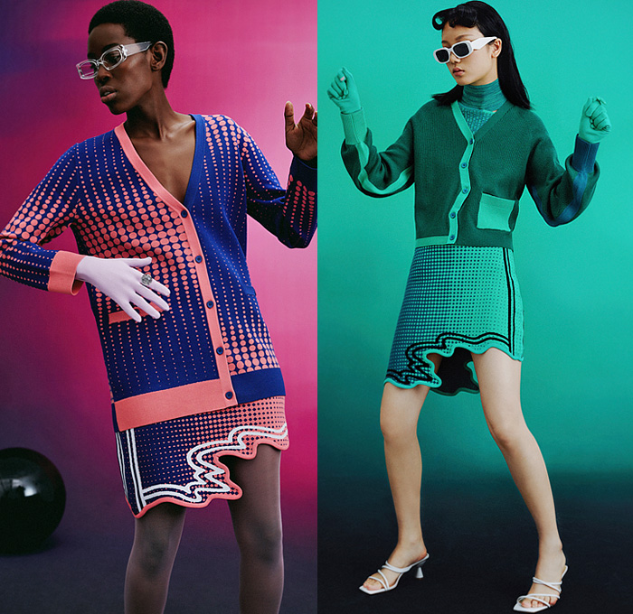 PH5 2022 Resort Cruise Pre-Spring Womens Lookbook Presentation - Computer Craft - Digital Pixels Knit Knitwear Ribbed Cardigan Turtleneck Sweater Dots Grid Lines Stripes Asymmetrical Hem Waves Curves Miniskirt Midi Skirt Pencil Skirt Shirt Pinafore Dress Cutout Cutaway Slit Sunglasses Kitten Heels Gloves