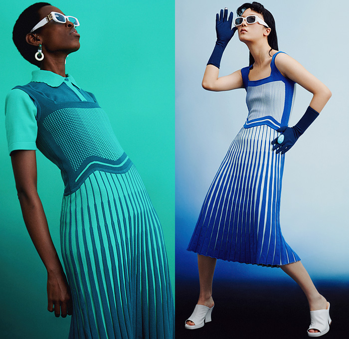 PH5 2022 Resort Cruise Pre-Spring Womens Lookbook Presentation - Computer Craft - Digital Pixels Knit Knitwear Ribbed Cardigan Turtleneck Sweater Dots Grid Lines Stripes Asymmetrical Hem Waves Curves Miniskirt Midi Skirt Pencil Skirt Shirt Pinafore Dress Cutout Cutaway Slit Sunglasses Kitten Heels Gloves