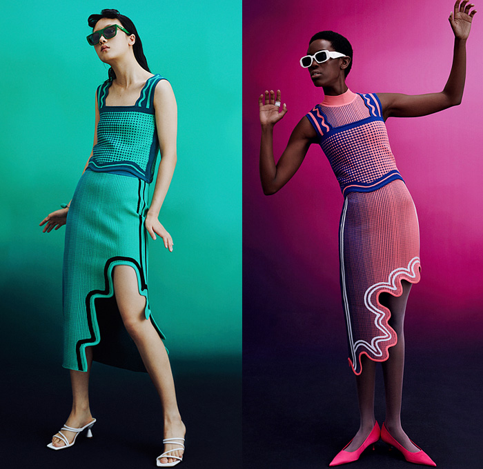 PH5 2022 Resort Cruise Pre-Spring Womens Lookbook Presentation - Computer Craft - Digital Pixels Knit Knitwear Ribbed Cardigan Turtleneck Sweater Dots Grid Lines Stripes Asymmetrical Hem Waves Curves Miniskirt Midi Skirt Pencil Skirt Shirt Pinafore Dress Cutout Cutaway Slit Sunglasses Kitten Heels Gloves