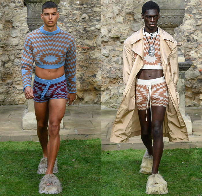 Pronounce 2022 Spring Summer Mens Runway Looks Collection - London Fashion Week Collections UK - O Circles Holes Grommets Rings Circular Collar Cutout Cinch Denim Jeans Hoodie Anorak Jacket Coat Pockets Shorts Butterfly Closures Crop Top Midriff Knit Sweater Check Geometric Vest Parachute Pants Suit Blazer Spots Polka Dots Fringes Patchwork PVC Vinyl Manskirt Rainbow Colors Fur