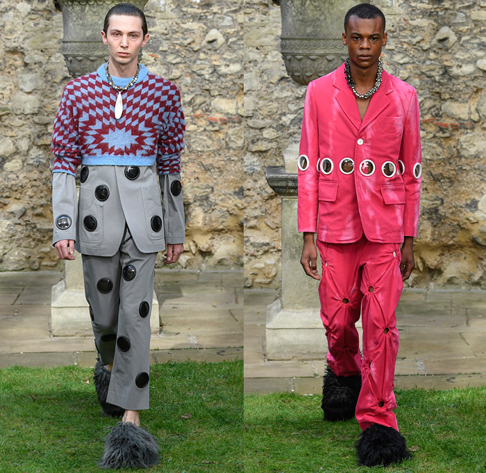 Pronounce 2022 Spring Summer Mens Runway Looks Collection - London Fashion Week Collections UK - O Circles Holes Grommets Rings Circular Collar Cutout Cinch Denim Jeans Hoodie Anorak Jacket Coat Pockets Shorts Butterfly Closures Crop Top Midriff Knit Sweater Check Geometric Vest Parachute Pants Suit Blazer Spots Polka Dots Fringes Patchwork PVC Vinyl Manskirt Rainbow Colors Fur