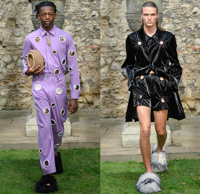 Pronounce 2022 Spring Summer Mens Runway Looks Collection - London Fashion Week Collections UK - O Circles Holes Grommets Rings Circular Collar Cutout Cinch Denim Jeans Hoodie Anorak Jacket Coat Pockets Shorts Butterfly Closures Crop Top Midriff Knit Sweater Check Geometric Vest Parachute Pants Suit Blazer Spots Polka Dots Fringes Patchwork PVC Vinyl Manskirt Rainbow Colors Fur