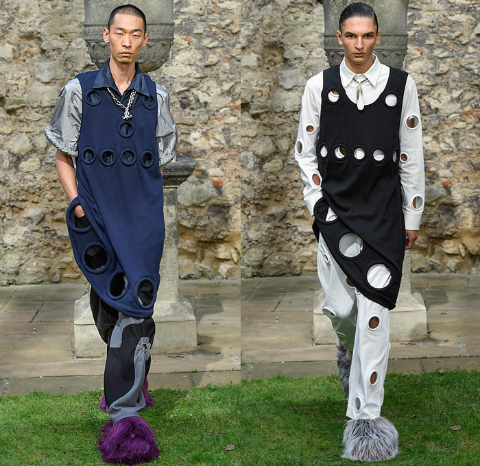 Pronounce 2022 Spring Summer Mens Runway Looks Collection - London Fashion Week Collections UK - O Circles Holes Grommets Rings Circular Collar Cutout Cinch Denim Jeans Hoodie Anorak Jacket Coat Pockets Shorts Butterfly Closures Crop Top Midriff Knit Sweater Check Geometric Vest Parachute Pants Suit Blazer Spots Polka Dots Fringes Patchwork PVC Vinyl Manskirt Rainbow Colors Fur