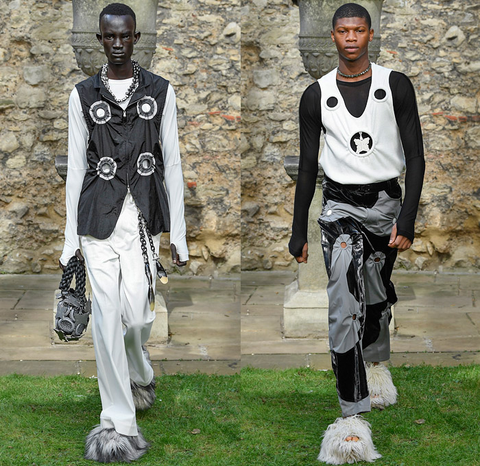 Pronounce 2022 Spring Summer Mens Runway Looks Collection - London Fashion Week Collections UK - O Circles Holes Grommets Rings Circular Collar Cutout Cinch Denim Jeans Hoodie Anorak Jacket Coat Pockets Shorts Butterfly Closures Crop Top Midriff Knit Sweater Check Geometric Vest Parachute Pants Suit Blazer Spots Polka Dots Fringes Patchwork PVC Vinyl Manskirt Rainbow Colors Fur