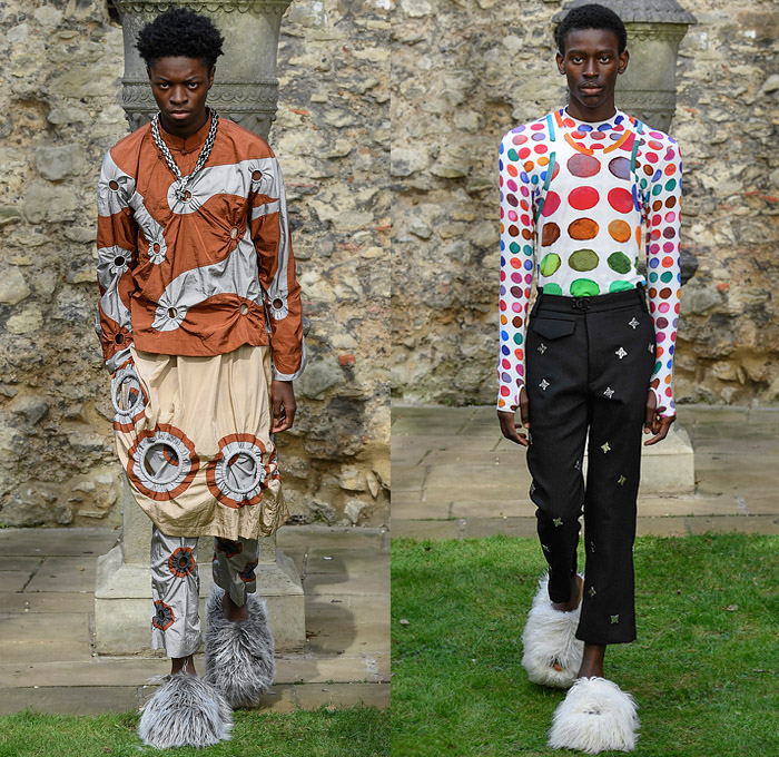 Pronounce 2022 Spring Summer Mens Runway Looks Collection - London Fashion Week Collections UK - O Circles Holes Grommets Rings Circular Collar Cutout Cinch Denim Jeans Hoodie Anorak Jacket Coat Pockets Shorts Butterfly Closures Crop Top Midriff Knit Sweater Check Geometric Vest Parachute Pants Suit Blazer Spots Polka Dots Fringes Patchwork PVC Vinyl Manskirt Rainbow Colors Fur