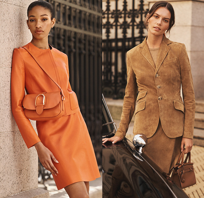 Ralph Lauren 2022 Resort Cruise Pre-Spring Womens Lookbook Presentation - Turtleneck Sweater Blazer Jacket Pantsuit Emblem Crest Stripes Poplin Long Sleeve Shirt Blouse Suede Ruffles Strapless Double Collar Plaid Check Head Scarf Trench Coat Handkerchief Hem Patchwork Pleats Creases Bodycon Gown Eveningwear Paisley Decorative Art Jogger Sweatpants Wide Leg Palazzo Pants Miniskirt Tote Handbag High Tops Sneakers Heels