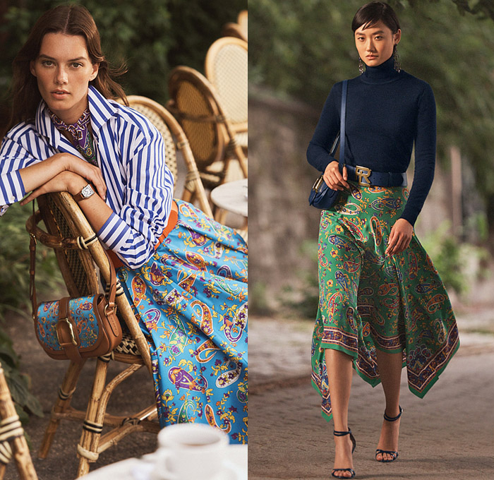 Ralph Lauren 2022 Resort Cruise Pre-Spring Womens Lookbook Presentation - Turtleneck Sweater Blazer Jacket Pantsuit Emblem Crest Stripes Poplin Long Sleeve Shirt Blouse Suede Ruffles Strapless Double Collar Plaid Check Head Scarf Trench Coat Handkerchief Hem Patchwork Pleats Creases Bodycon Gown Eveningwear Paisley Decorative Art Jogger Sweatpants Wide Leg Palazzo Pants Miniskirt Tote Handbag High Tops Sneakers Heels