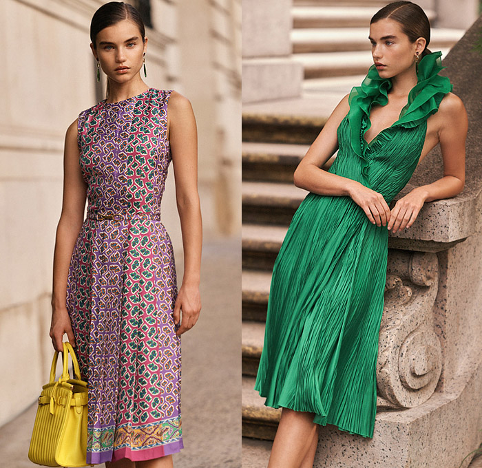 Ralph Lauren 2022 Resort Cruise Pre-Spring Womens Lookbook Presentation - Turtleneck Sweater Blazer Jacket Pantsuit Emblem Crest Stripes Poplin Long Sleeve Shirt Blouse Suede Ruffles Strapless Double Collar Plaid Check Head Scarf Trench Coat Handkerchief Hem Patchwork Pleats Creases Bodycon Gown Eveningwear Paisley Decorative Art Jogger Sweatpants Wide Leg Palazzo Pants Miniskirt Tote Handbag High Tops Sneakers Heels