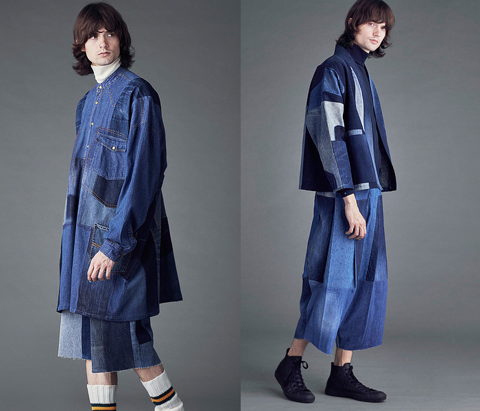 Remake Stockholm 2022 Spring Summer Mens Lookbook Collection Presentation - Stockholm Fashion Week Sweden - Patchwork Mash Up Shirtdress Onesie Djellaba Long Sleeve Oversized Shirt Stripes Split Half Elongated Sleeves Shorts Culottes Wide Leg Baggy Loose Cargo Utility Pockets Turtleneck Sweater Blazer Jacket Plaid Check Cropped Pants Sailboat Hi-Tops Bucket Hat