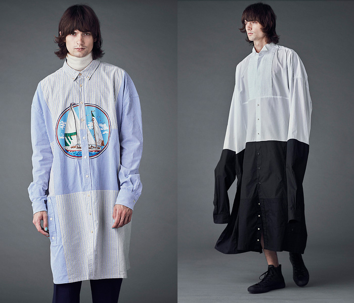 Remake Stockholm 2022 Spring Summer Mens Lookbook Collection Presentation - Stockholm Fashion Week Sweden - Patchwork Mash Up Shirtdress Onesie Djellaba Long Sleeve Oversized Shirt Stripes Split Half Elongated Sleeves Shorts Culottes Wide Leg Baggy Loose Cargo Utility Pockets Turtleneck Sweater Blazer Jacket Plaid Check Cropped Pants Sailboat Hi-Tops Bucket Hat