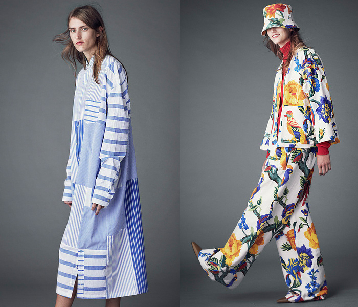 Remake Stockholm 2022 Spring Summer Womens Lookbook Collection Presentation - Stockholm Fashion Week Sweden - Long Sleeve Blouse Pillow Corset Wide Leg Palazzo Pants Culottes Flowers Floral Botanical Birds Patchwork Panels Stripes Shirtdress Blousedress Djellaba Onesie Turtleneck Sweater Outerwear Coat Robe Kimono Overcoat Cloak Blanket Denim Jeans Fringes Trims Oxfords Bucket Hat