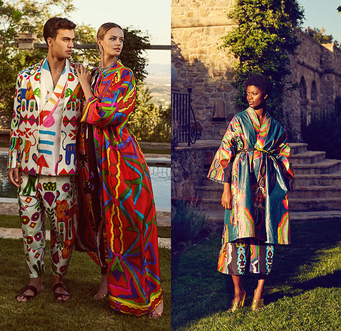 Rianna + Nina 2022 Spring Summer Womens Mens Lookbook Presentation - Mode à Paris Fashion Week France - Geometria 1960s Sixties Hollywood Villa Lace Embroidery Broderie Anglaise Kantha Caftan Kaftan Maxi Dress Pantsuit Blazer Jacket Geometric Tribal Shapes Ornaments Decorative Art Robe Coat Kimono Flare Wide Leg Palazzo Pants Blouse Sleeveless Tabard Vest Quilted Onesie Coveralls Jumpsuit Shorts Mesh Loungewear Bow Tied Flowers Floral Lion Swimwear Swimsuit Bikini Handbag Bag Tote