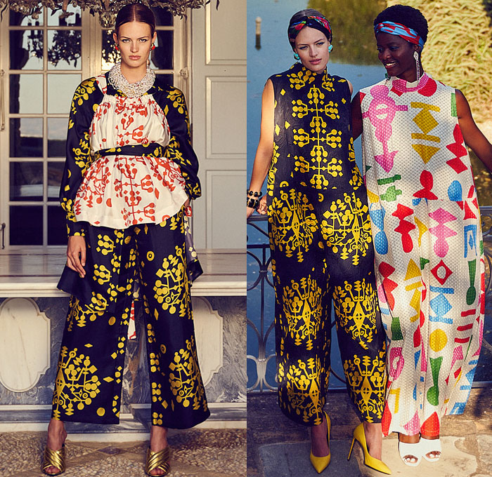 Rianna + Nina 2022 Spring Summer Womens Mens Lookbook Presentation - Mode à Paris Fashion Week France - Geometria 1960s Sixties Hollywood Villa Lace Embroidery Broderie Anglaise Kantha Caftan Kaftan Maxi Dress Pantsuit Blazer Jacket Geometric Tribal Shapes Ornaments Decorative Art Robe Coat Kimono Flare Wide Leg Palazzo Pants Blouse Sleeveless Tabard Vest Quilted Onesie Coveralls Jumpsuit Shorts Mesh Loungewear Bow Tied Flowers Floral Lion Swimwear Swimsuit Bikini Handbag Bag Tote