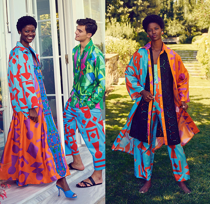 Rianna + Nina 2022 Spring Summer Womens Mens Lookbook Presentation - Mode à Paris Fashion Week France - Geometria 1960s Sixties Hollywood Villa Lace Embroidery Broderie Anglaise Kantha Caftan Kaftan Maxi Dress Pantsuit Blazer Jacket Geometric Tribal Shapes Ornaments Decorative Art Robe Coat Kimono Flare Wide Leg Palazzo Pants Blouse Sleeveless Tabard Vest Quilted Onesie Coveralls Jumpsuit Shorts Mesh Loungewear Bow Tied Flowers Floral Lion Swimwear Swimsuit Bikini Handbag Bag Tote