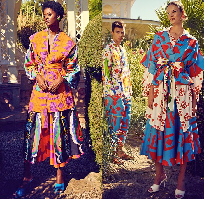 Rianna + Nina 2022 Spring Summer Womens Mens Lookbook Presentation - Mode à Paris Fashion Week France - Geometria 1960s Sixties Hollywood Villa Lace Embroidery Broderie Anglaise Kantha Caftan Kaftan Maxi Dress Pantsuit Blazer Jacket Geometric Tribal Shapes Ornaments Decorative Art Robe Coat Kimono Flare Wide Leg Palazzo Pants Blouse Sleeveless Tabard Vest Quilted Onesie Coveralls Jumpsuit Shorts Mesh Loungewear Bow Tied Flowers Floral Lion Swimwear Swimsuit Bikini Handbag Bag Tote