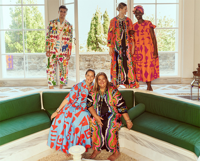 Rianna + Nina 2022 Spring Summer Womens Mens Lookbook Presentation - Mode à Paris Fashion Week France - Geometria 1960s Sixties Hollywood Villa Lace Embroidery Broderie Anglaise Kantha Caftan Kaftan Maxi Dress Pantsuit Blazer Jacket Geometric Tribal Shapes Ornaments Decorative Art Robe Coat Kimono Flare Wide Leg Palazzo Pants Blouse Sleeveless Tabard Vest Quilted Onesie Coveralls Jumpsuit Shorts Mesh Loungewear Bow Tied Flowers Floral Lion Swimwear Swimsuit Bikini Handbag Bag Tote