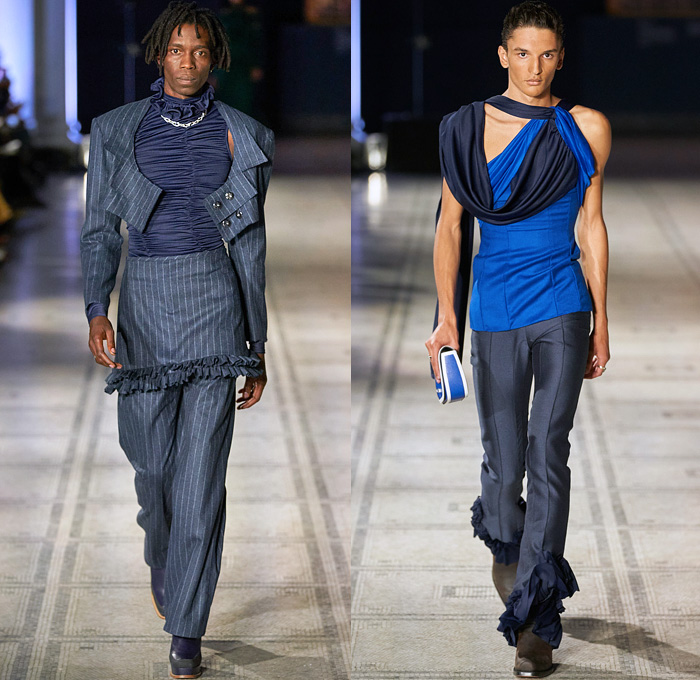 Richard Malone 2022 Spring Summer Mens Runway Looks Collection - London Fashion Week Collections UK - Split Half Outerwear Trench Coat Overcoat Leather Ruffles Frills Rosette Patchwork Holes Perforated Mesh Cutout Sleeveless Accordion Pleats Wide Cuffs Structural Kite Pole Draped Headwear Cinch Crop Top Midriff Jacket Pinstripe Skirt Manskirt One Shoulder Tied Knot Wrap Handbag Bag Tote Boots